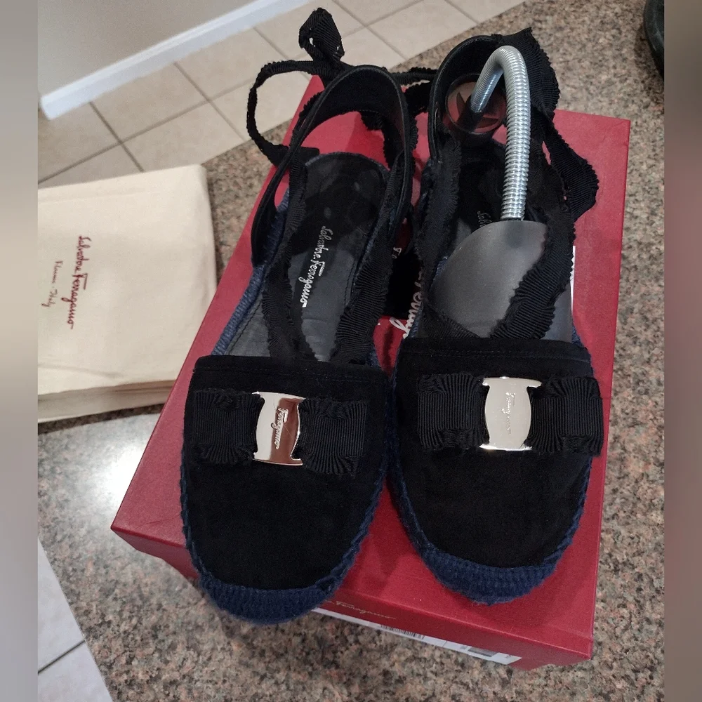 Salvatore Ferragamo Black Suede Espadrilles size 8 m .